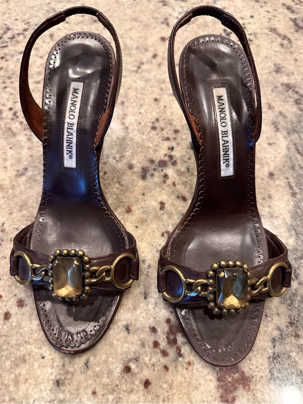 Manolo Blahnik Brown Stone & Chain
Embellished Slingback Heels; Size 36.5